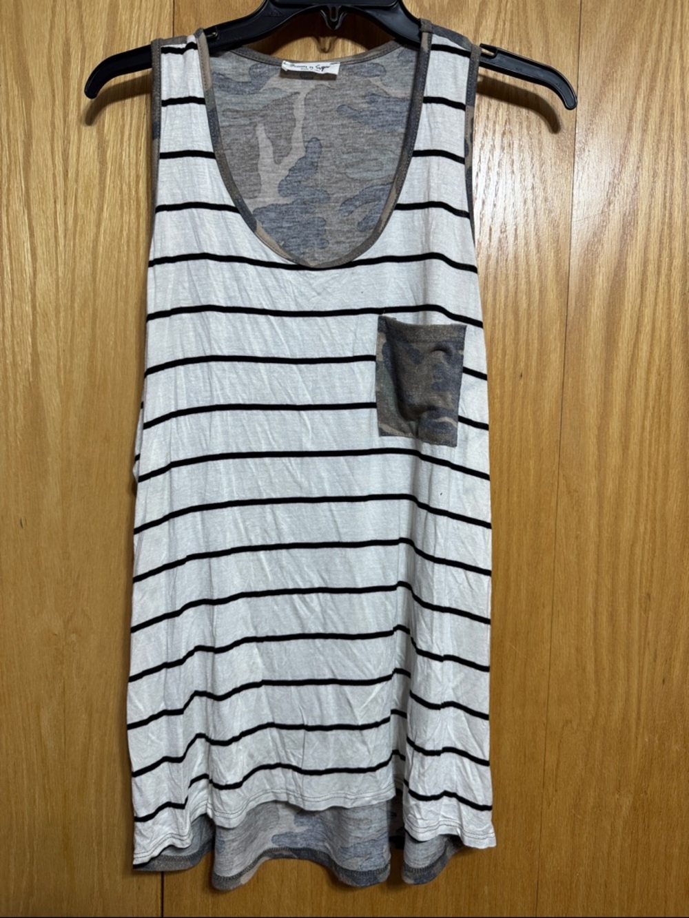 Striped Scoop Neck Tank Top with Contrast Pocket and Camo Back